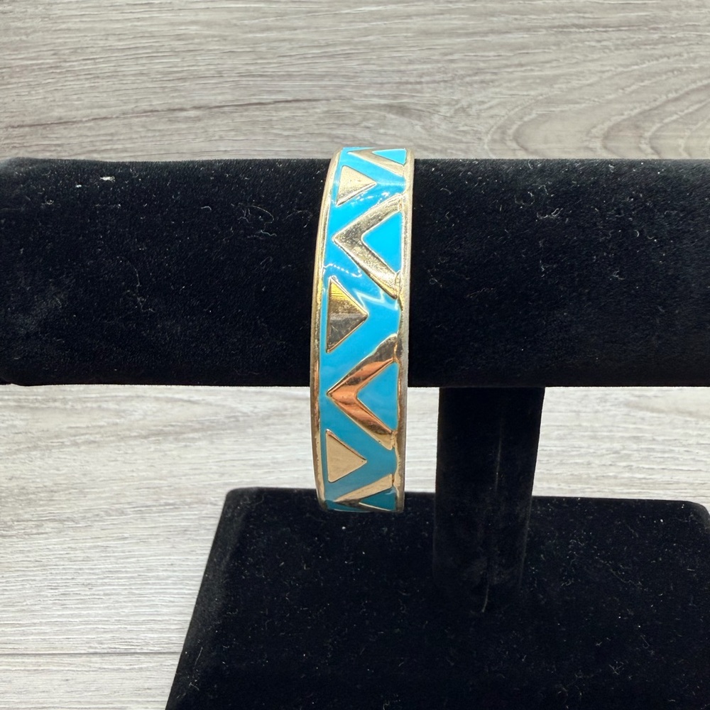 Geometric Blue and Gold Tone Bangle Bracelet